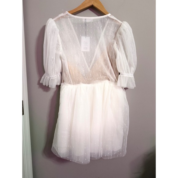 Showpo Akshia Mini Dress Puff Sleeve Floral Detail Plunge Neck‎ White Size 8 - Picture 10 of 10